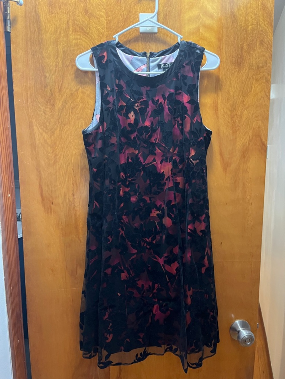 SLNY Black and Burgundy Floral Overlay A-Line Mini Dress